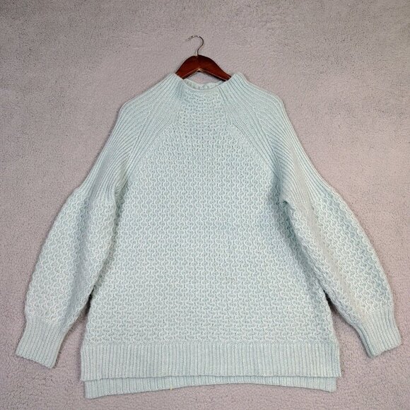 Anthropologie Sweaters - Anthropologie Sweater Women XL Blue Chunky Knit Mock Neck Tunic Fisherman Preppy